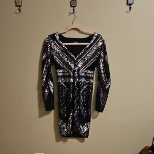 Express Black and Silver Sequin Long Sleeve Dress